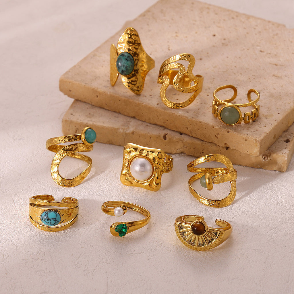 18K gold-color natural stone vintage stainless steel ring