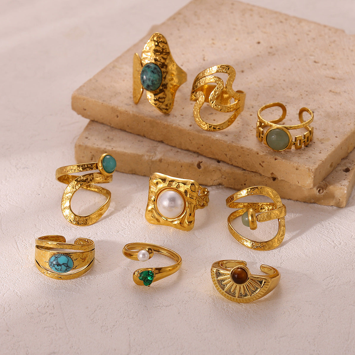 18K gold-color natural stone vintage stainless steel ring