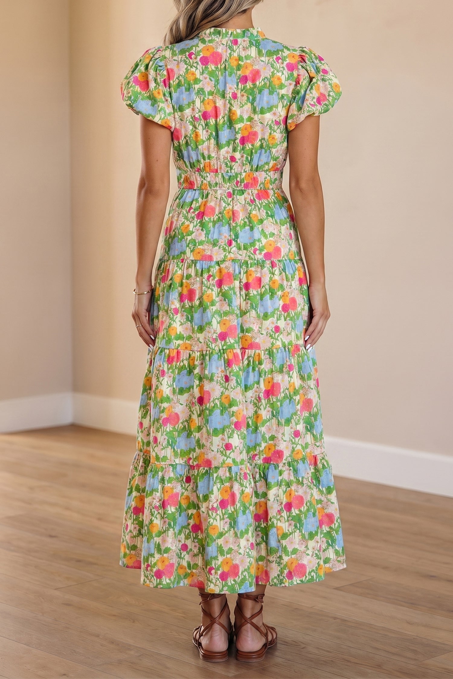 Green Floral Puff-Sleeve Cotton Maxi Dress
