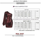 Size chart for sequin one-shoulder mini dress, includes bust, length, and weight