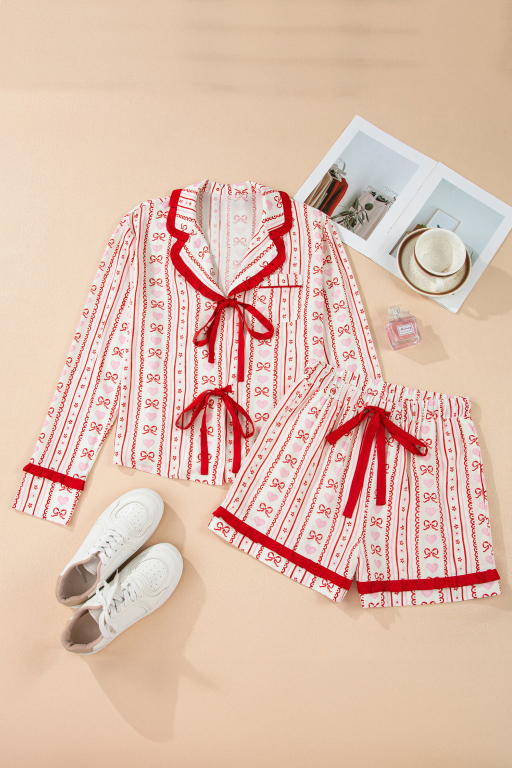 Red Floral Heart Bow Pajama Set