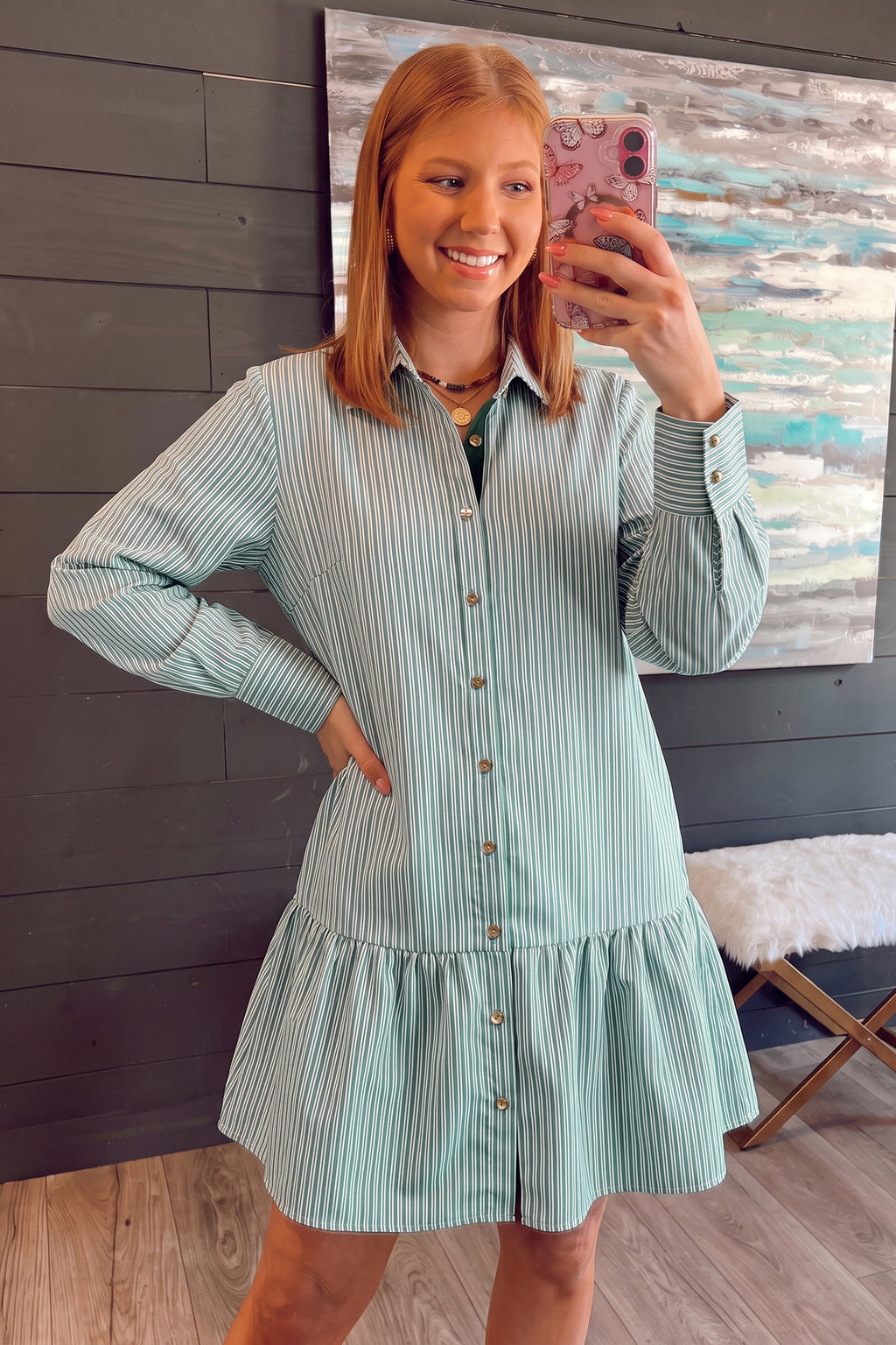 Green Stripe Long-Sleeve Shift Dress