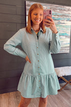 Green Stripe Long-Sleeve Shift Dress