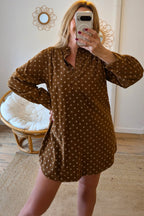 Women's Brown Polka-Dot V-Neck Button-Front Dress