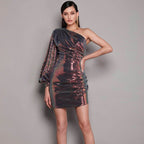 Rose gold sequin one-shoulder mini dress with ruched fitted silhouette and balloon sleeve