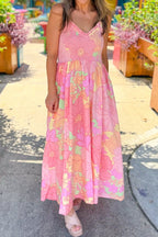 Pink Floral Shirred-Waist Spaghetti-Strap Dress