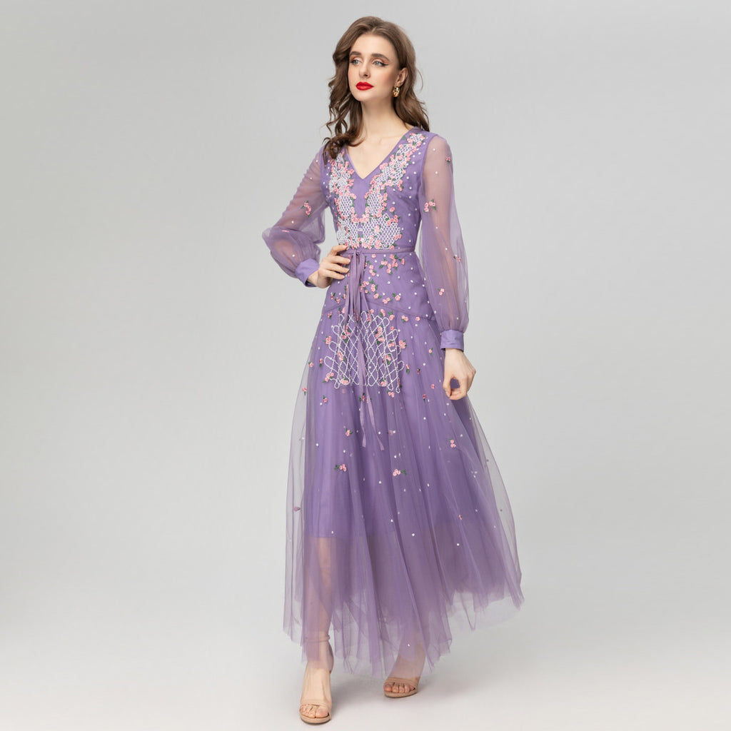 Purple long-sleeve sequin tulle dress with floral embroidery and sheer skirt