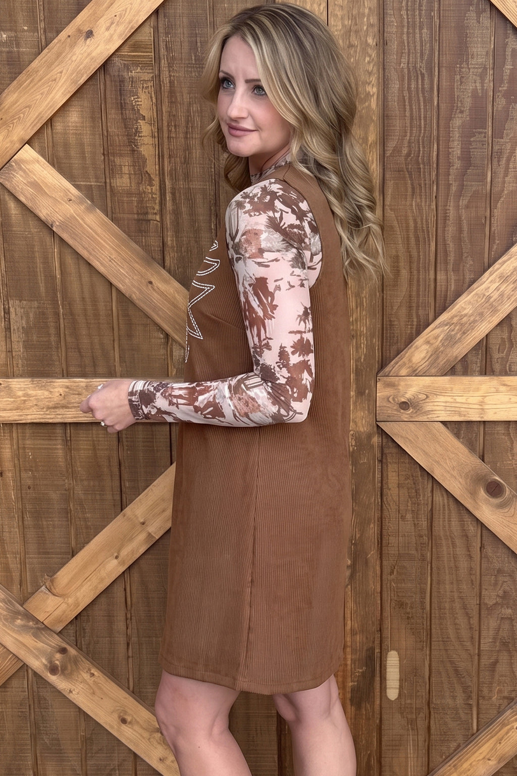 Women's Coffee Geometric-Embroidered Corduroy Mini Dress