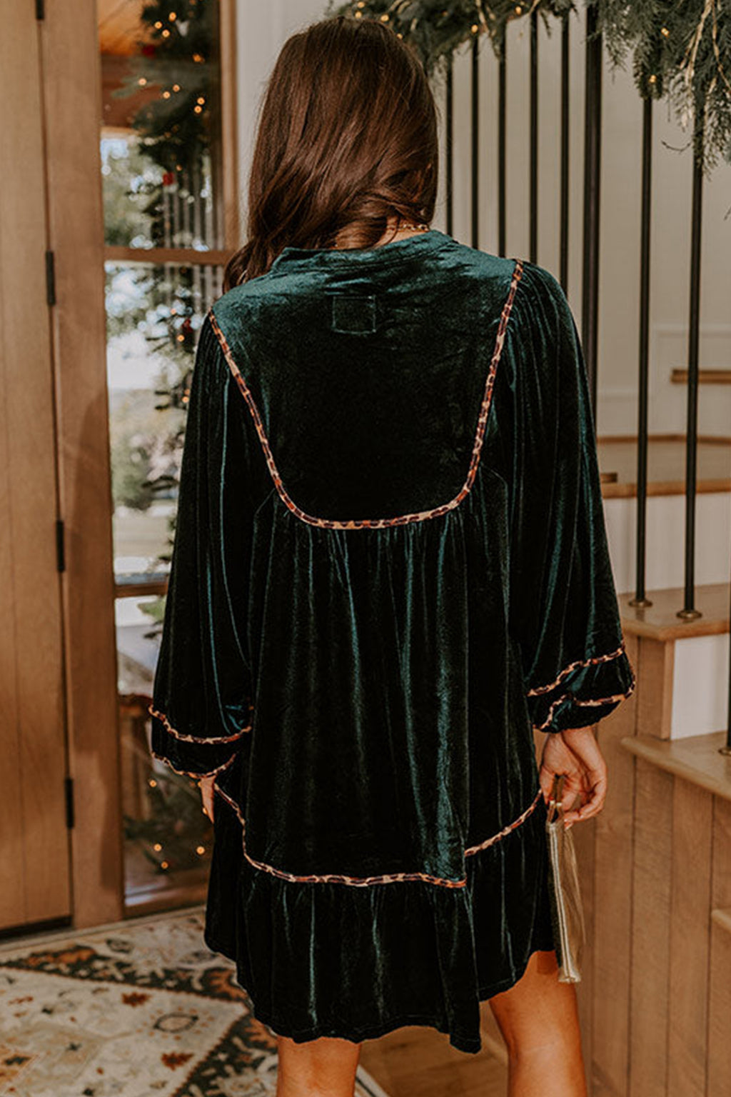 Blackish Green Leopard-Trim Velvet Dress