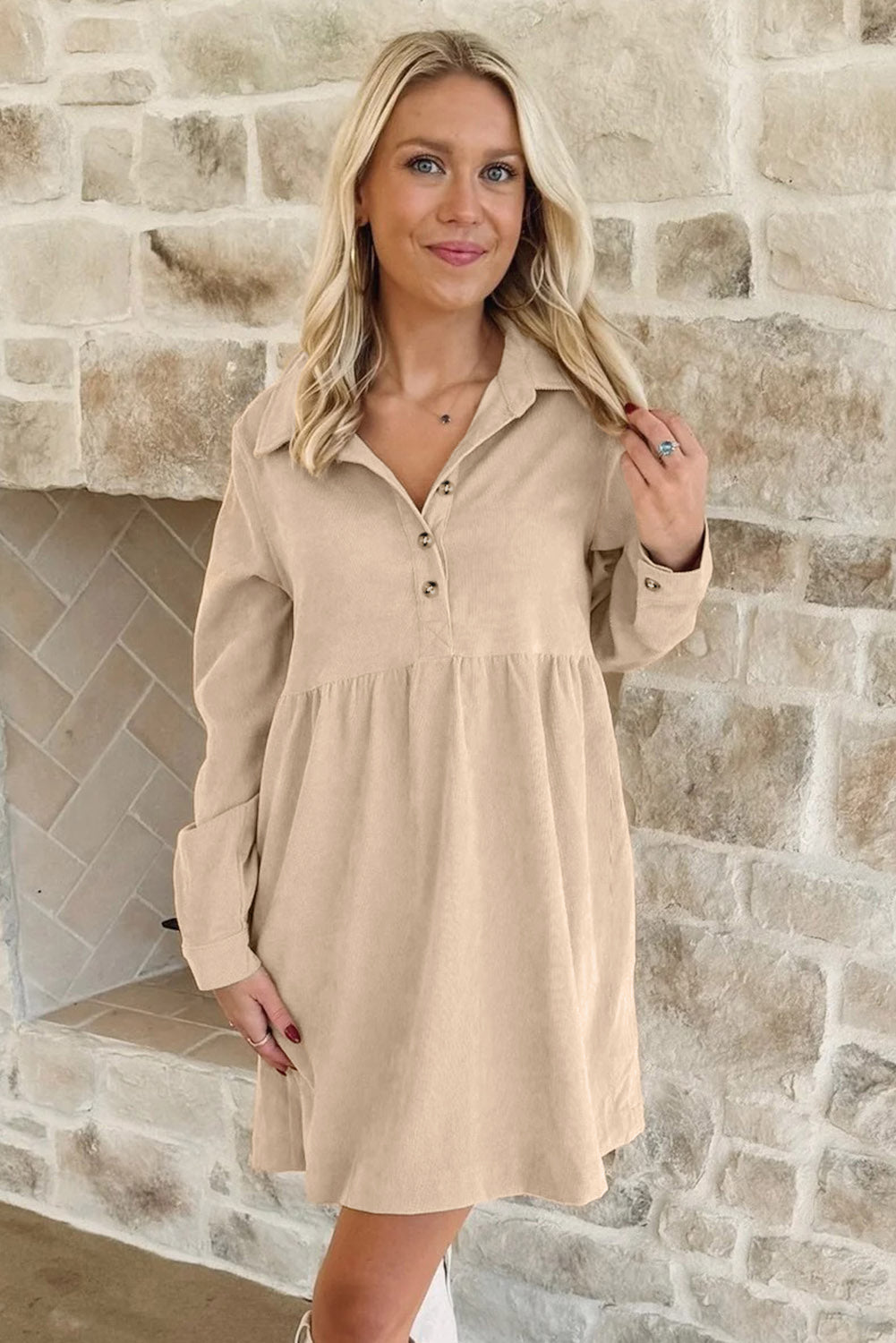 Black Corduroy Collared Button-Front Mini Dress
