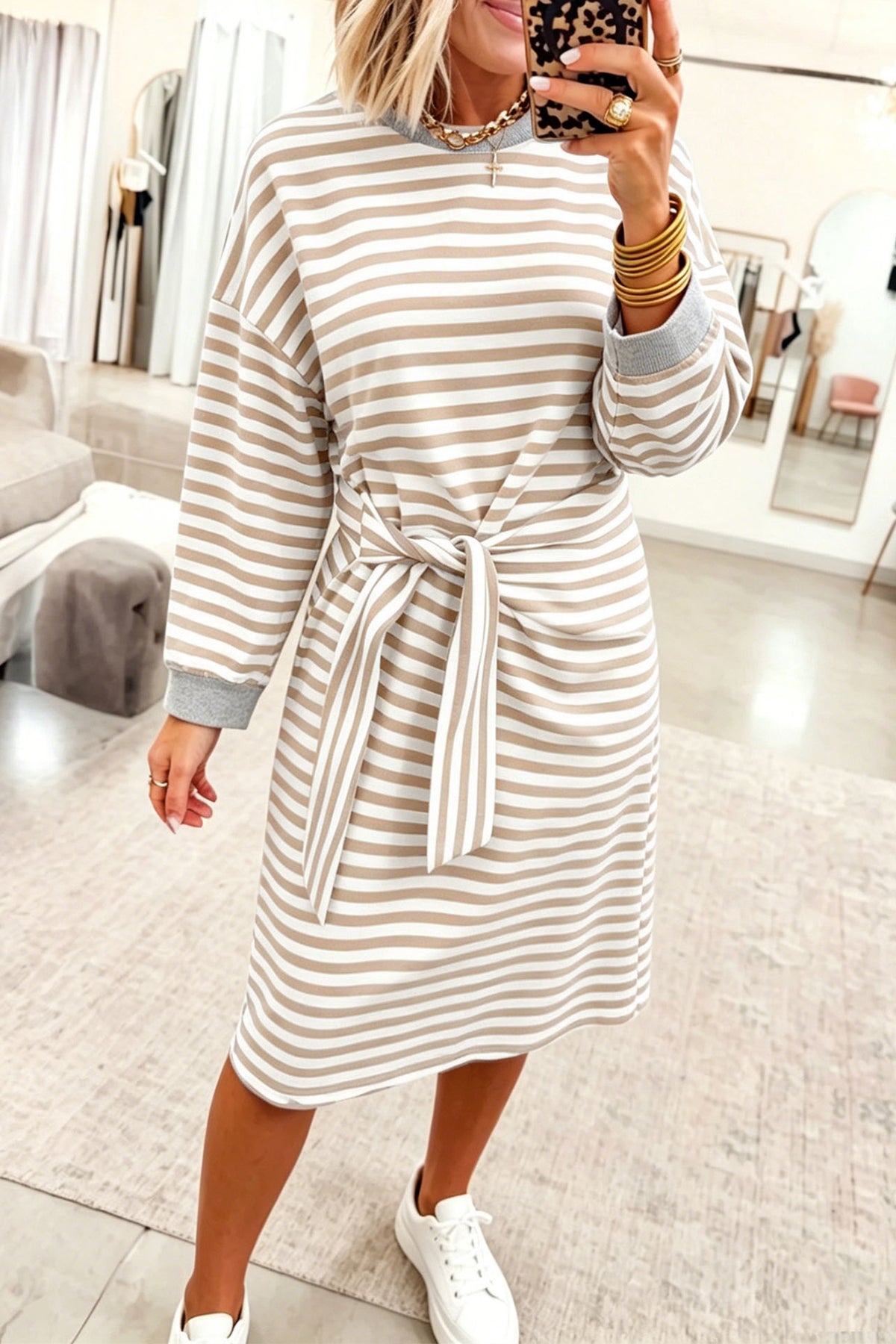 Brown Stripe Color-Block Shift Dress