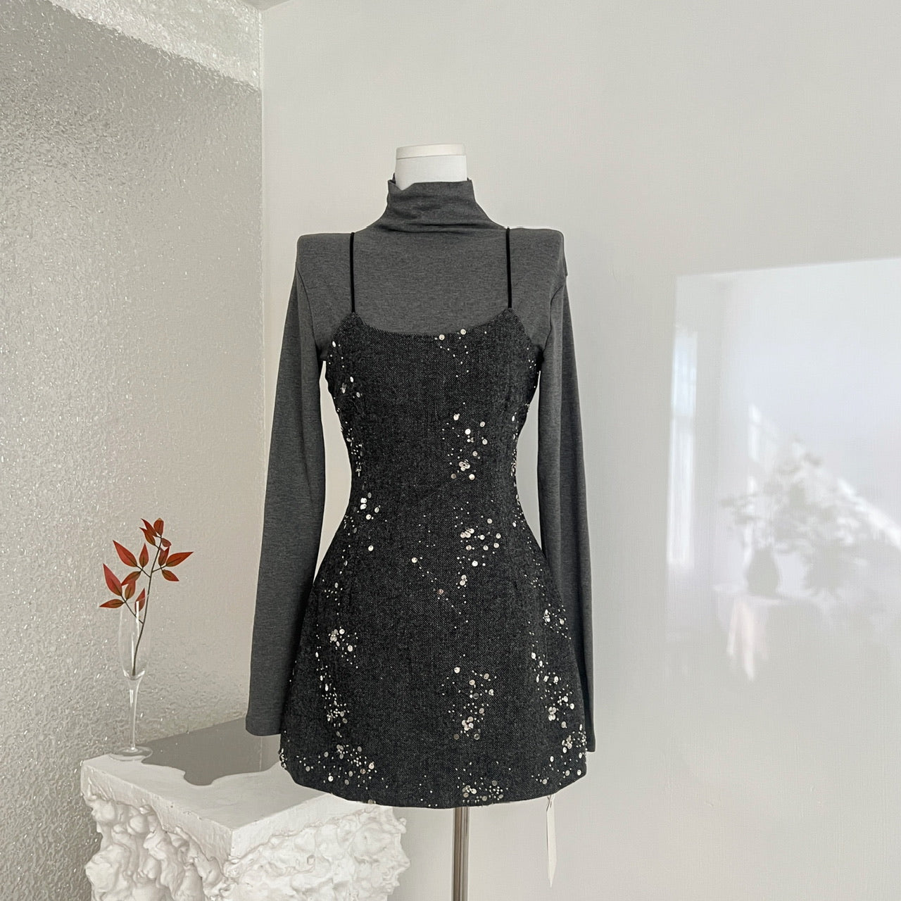 Korean sequin turtleneck top and sling dress set