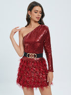 Red one-shoulder sequin mini dress with long sleeve, gold buckle waist belt, feather tulle skirt