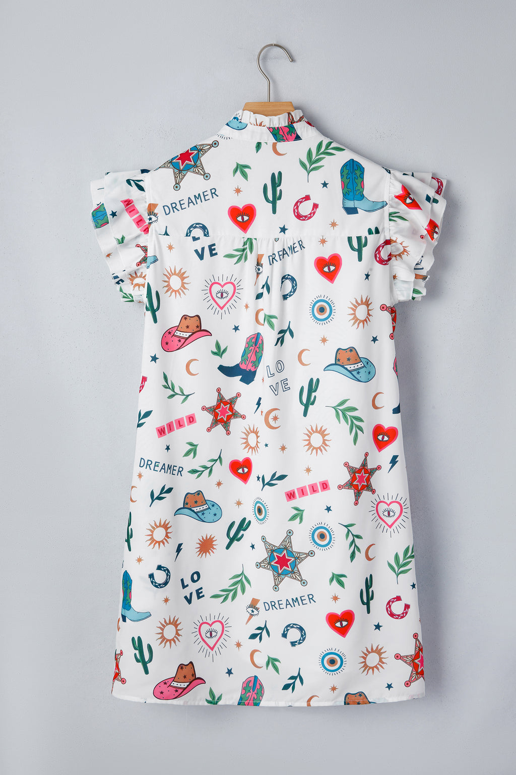 White Western Print Flutter-Sleeve Mini Dress
