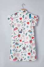 White Western Print Flutter-Sleeve Mini Dress