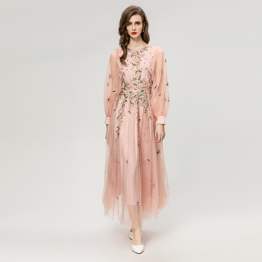 Pink sequin long sleeve tulle dress with floral embroidery and full skirt