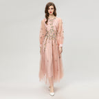 Pink sequin long sleeve tulle dress with floral embroidery and full skirt