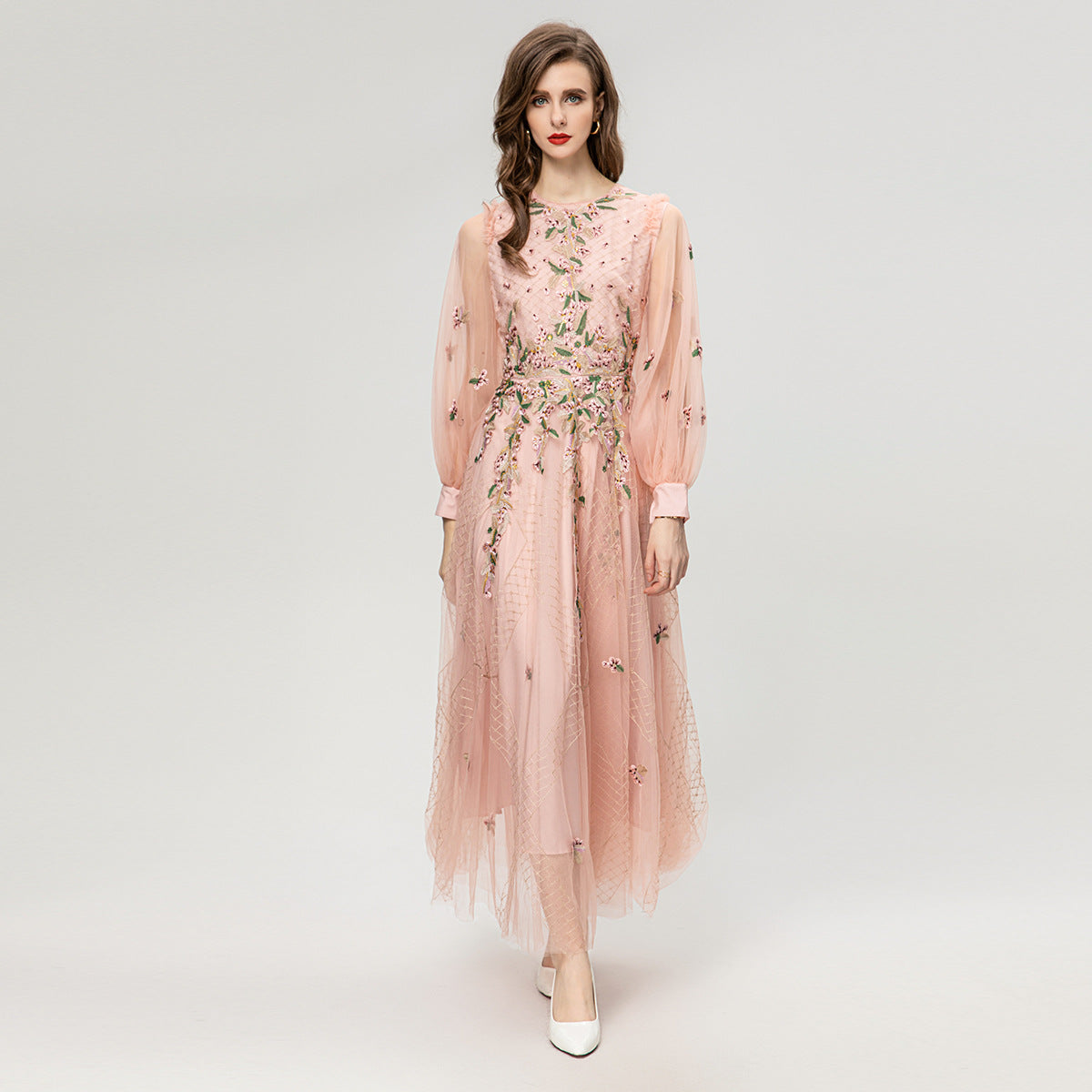 Pink sequin long sleeve tulle dress with floral embroidery and full skirt