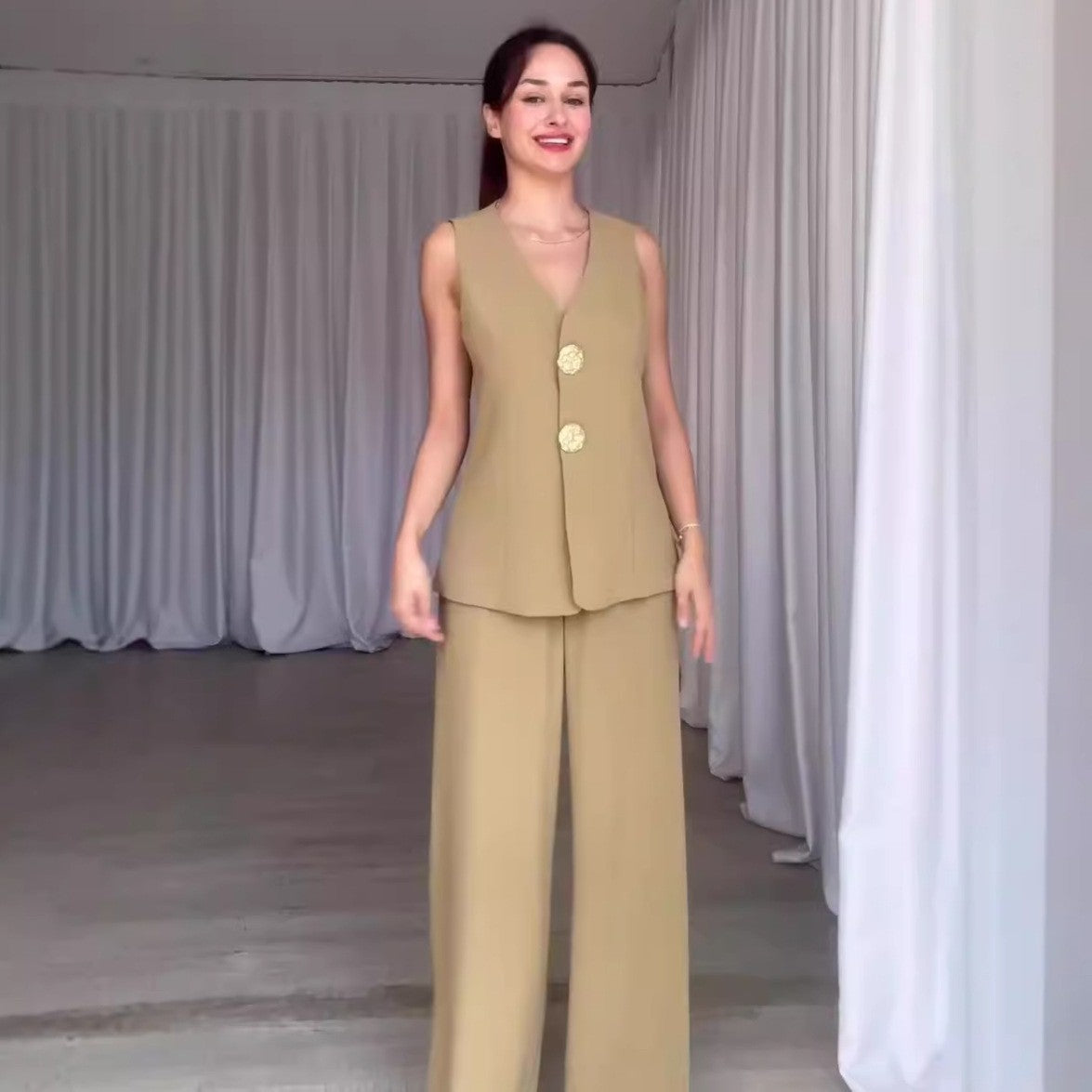 Women's beige vest and wide-leg pants set