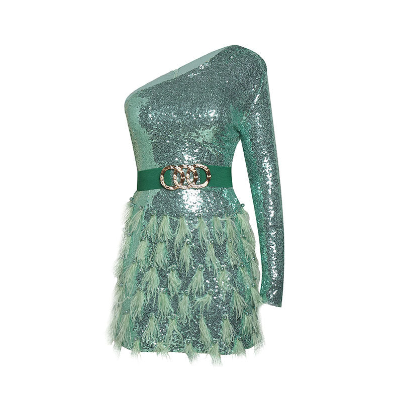 Green sequin long-sleeve mini dress with gold buckle belt and feather tulle skirt