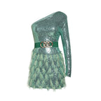 Green sequin long-sleeve mini dress with gold buckle belt and feather tulle skirt