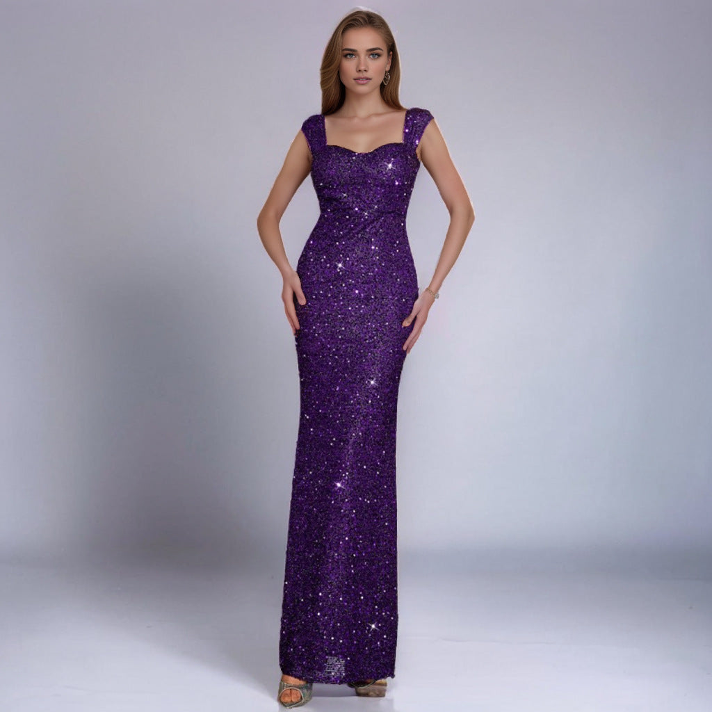 Purple sequin sling dress with sweetheart neckline and fitted mermaid silhouette