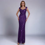 Purple sequin sling dress with sweetheart neckline and fitted mermaid silhouette