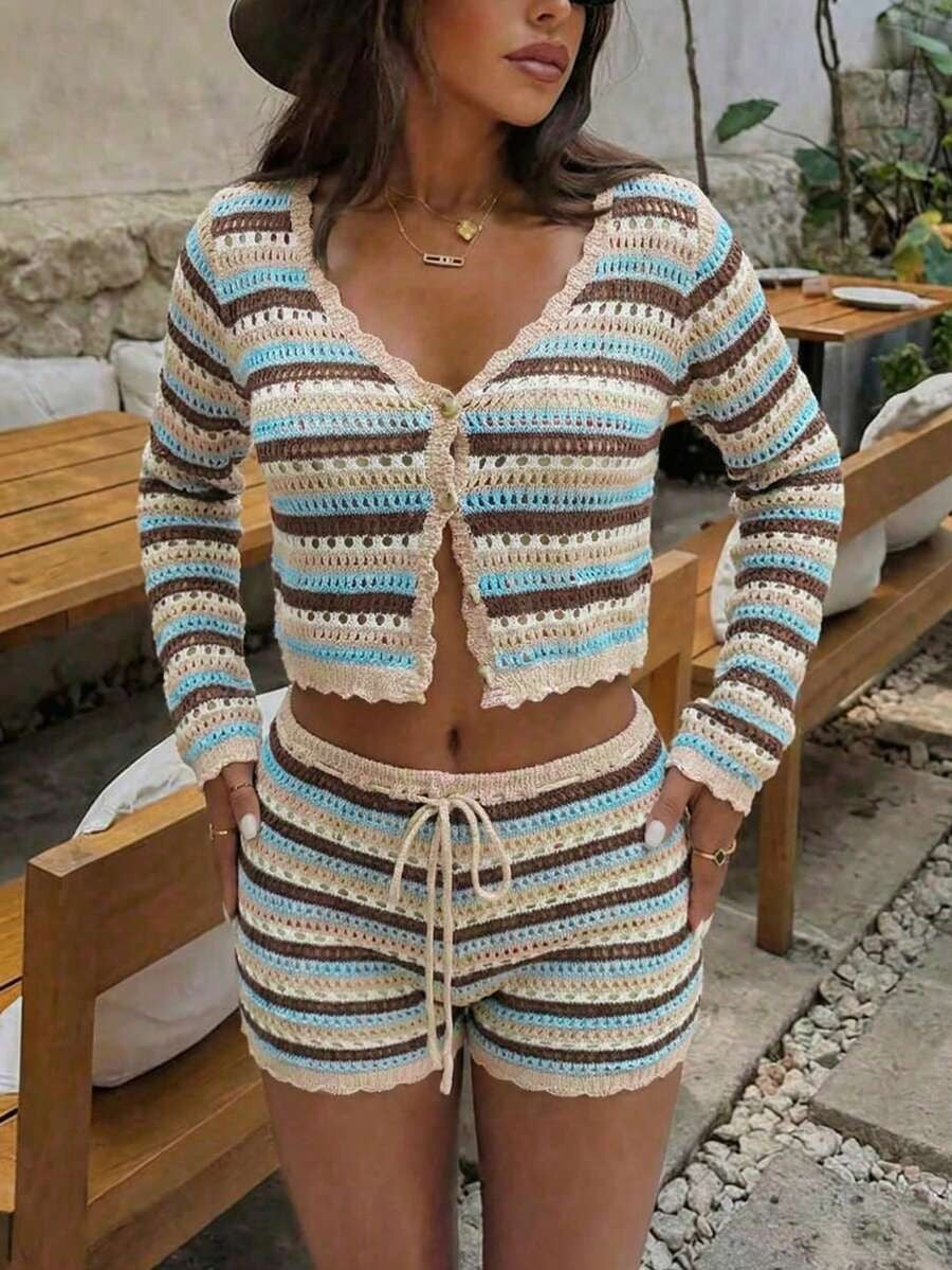 Multicolor striped knit cardigan with matching drawstring shorts set