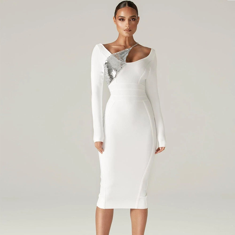 Women's elegant long-sleeve sequin bandage dress