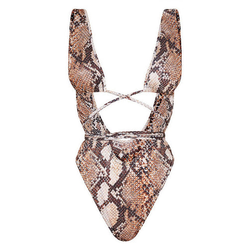 Bandage one-piece swimsuit in snake-print with long sleeves and crisscross front neckline