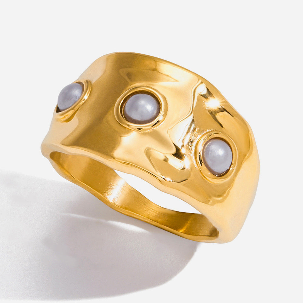 Pearl-inlay stainless steel vintage ring