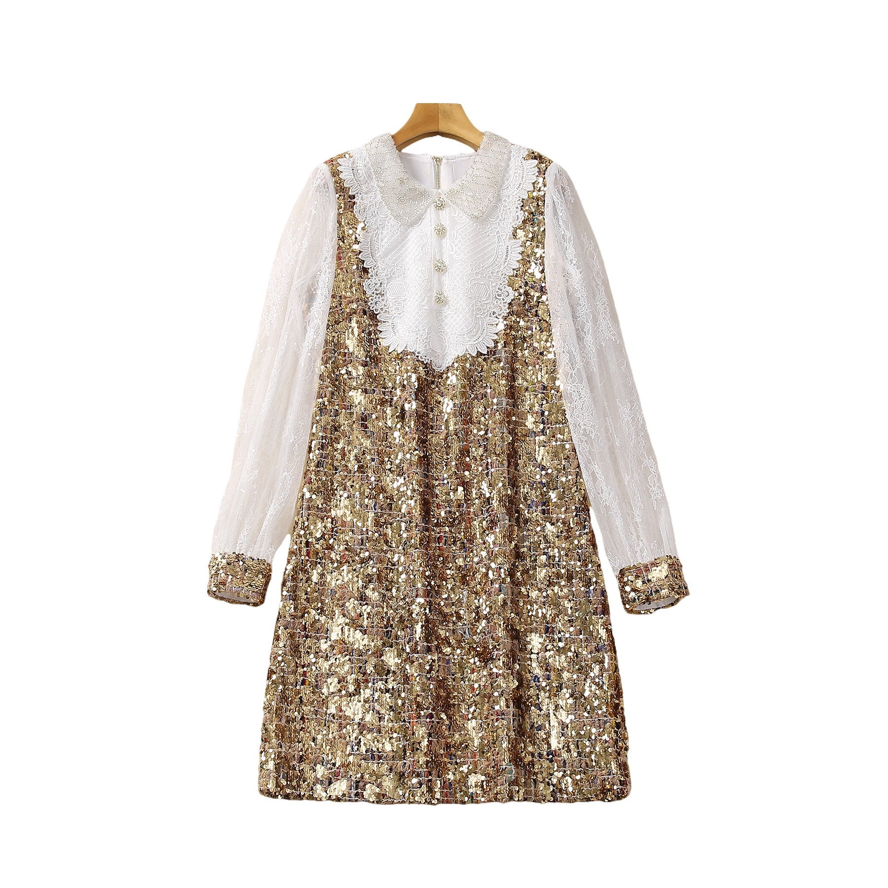 Gold sequin A-line long-sleeve mini dress with sheer lace sleeves and round collar