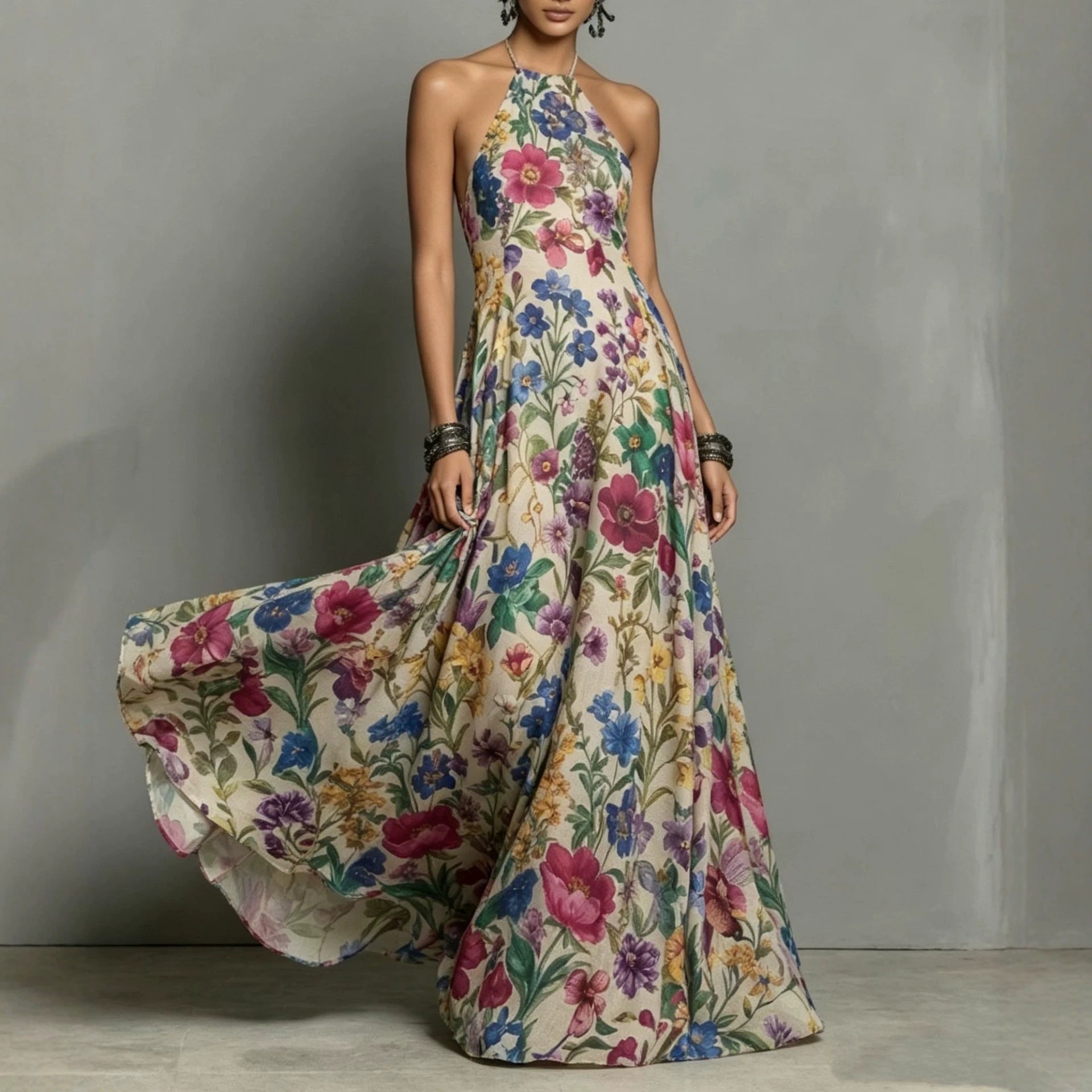 Women's multicolor floral halter maxi dress