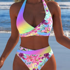 Women's Pastel Tropical One-Shoulder High-Waist Bikini Set