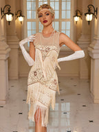 Women's sequin cocktail dress in apricot-gold, sleeveless with layered fringe hem