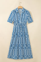 Blue Geometric Print Shirt-Collar Dress
