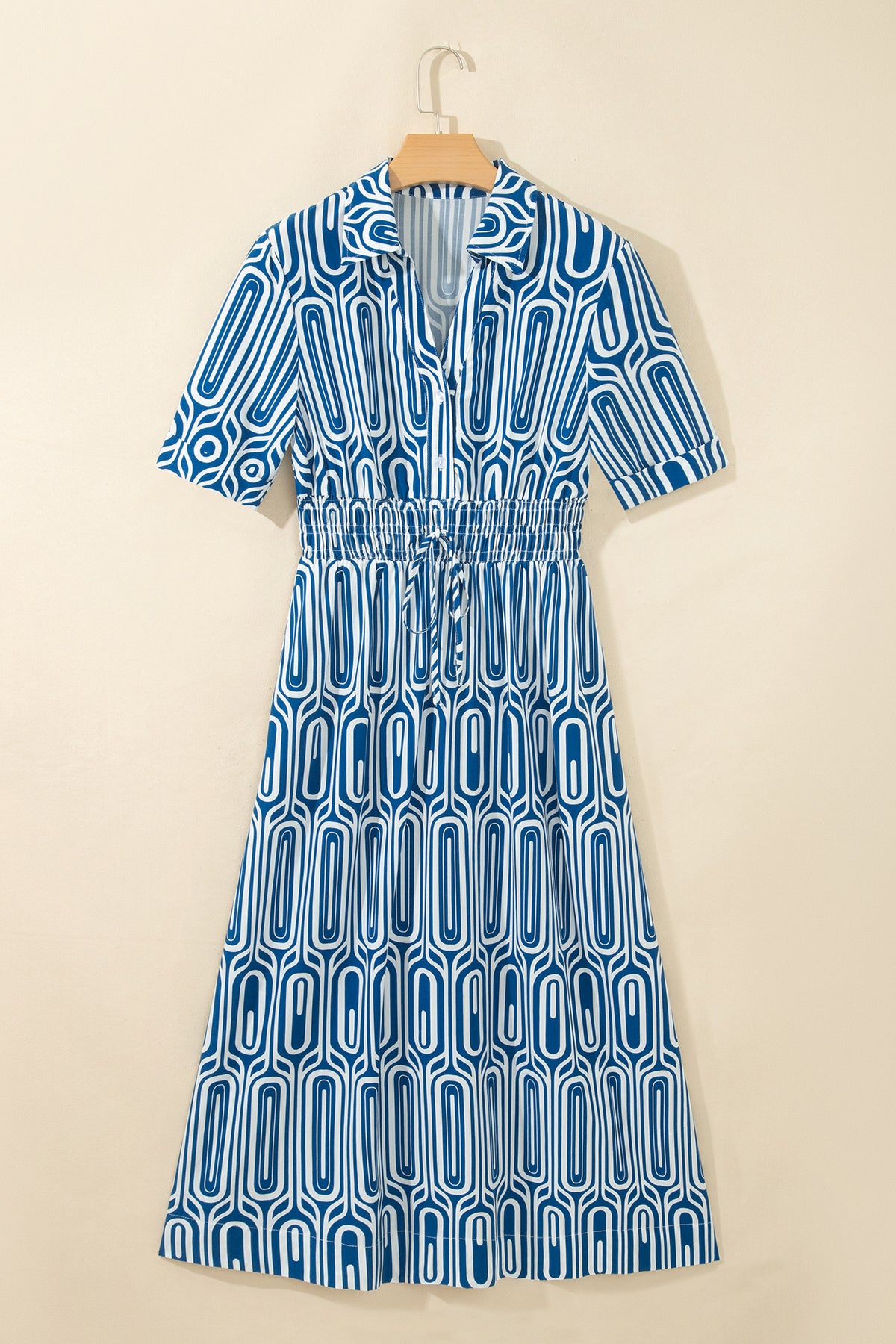 Blue Geometric Print Shirt-Collar Dress