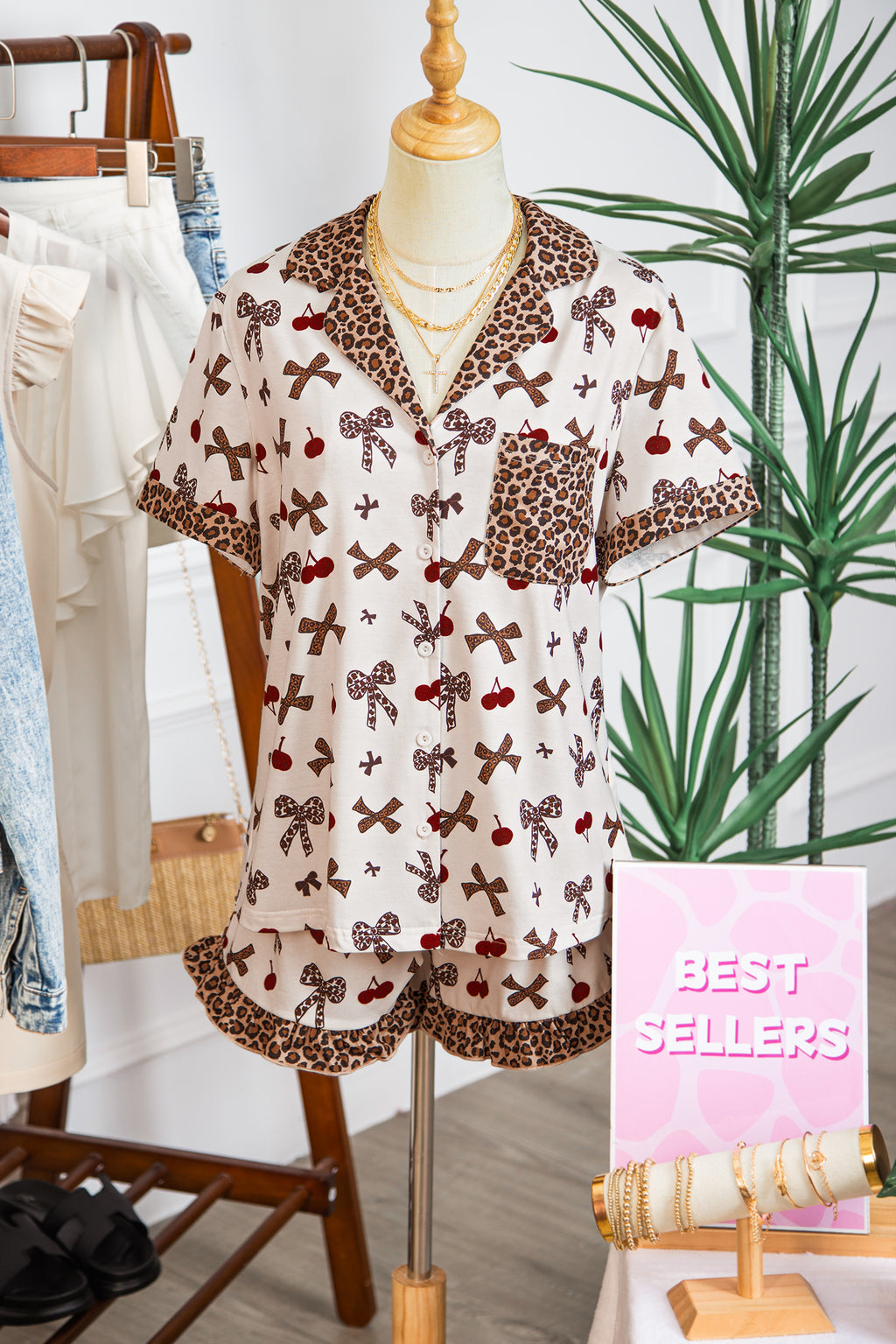 White Cherry Leopard Bow Pajama Set