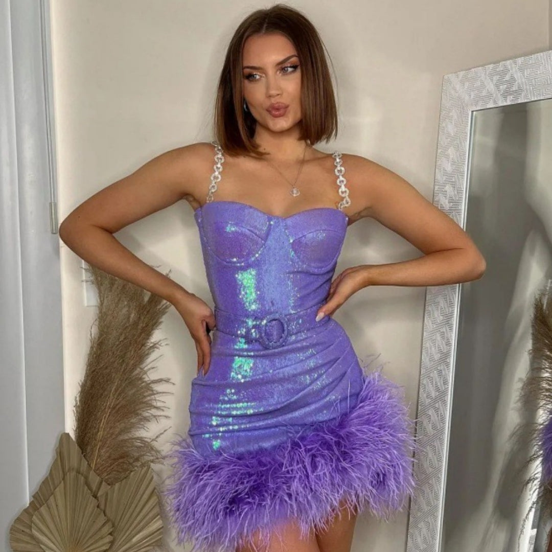 Purple sequin slip dress with chain straps and feathered mini hem, sweetheart bustier