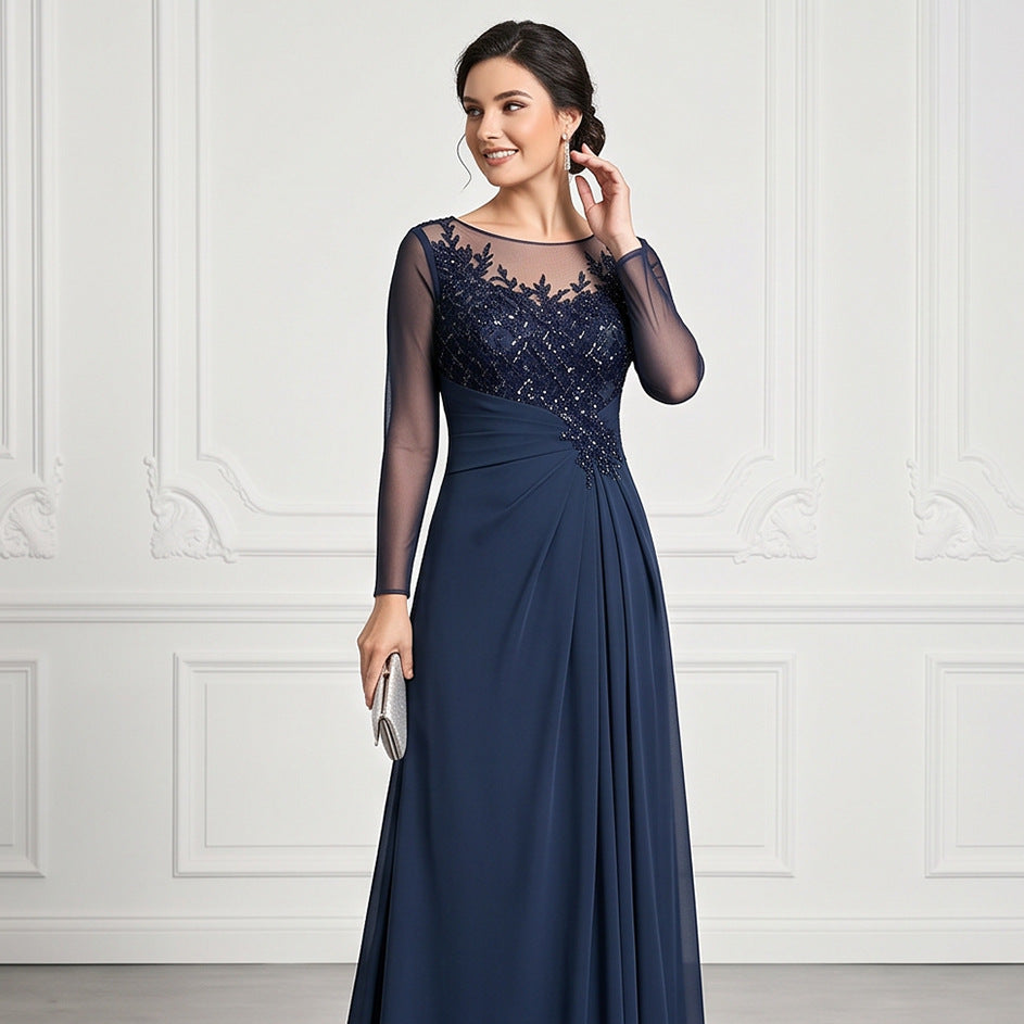 Women's navy lace long-sleeve evening gown
