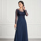 Women's navy lace long-sleeve evening gown