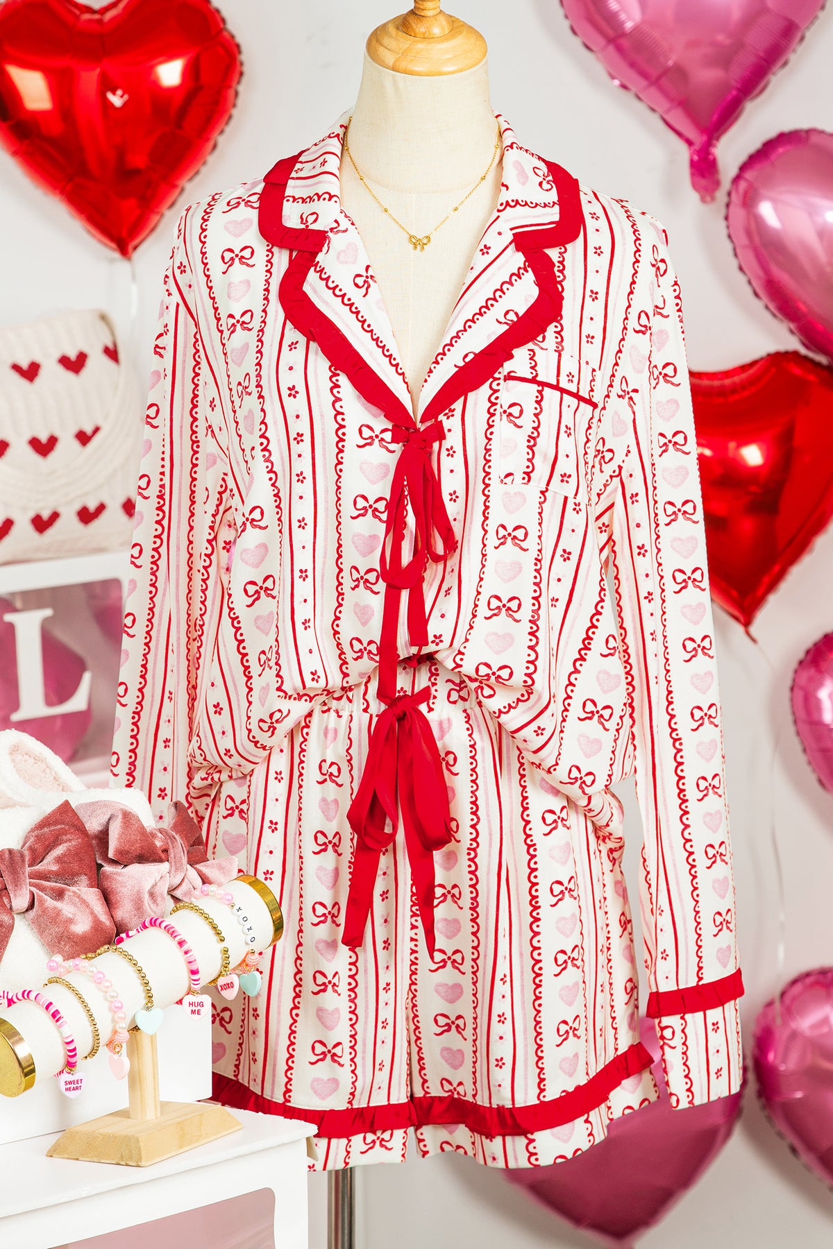 Red Floral Heart Bow Pajama Set