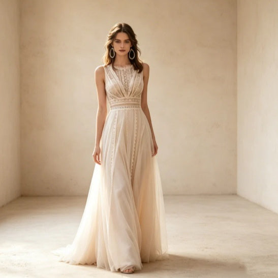 Women's champagne tulle lace wedding dress