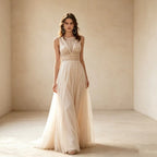 Women's champagne tulle lace wedding dress
