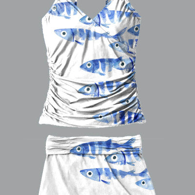 Women's White Blue Fish Print Tankini Set