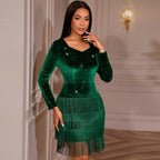 Dark green velvet tassel sequin party dress