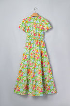 Green Floral Puff-Sleeve Cotton Maxi Dress
