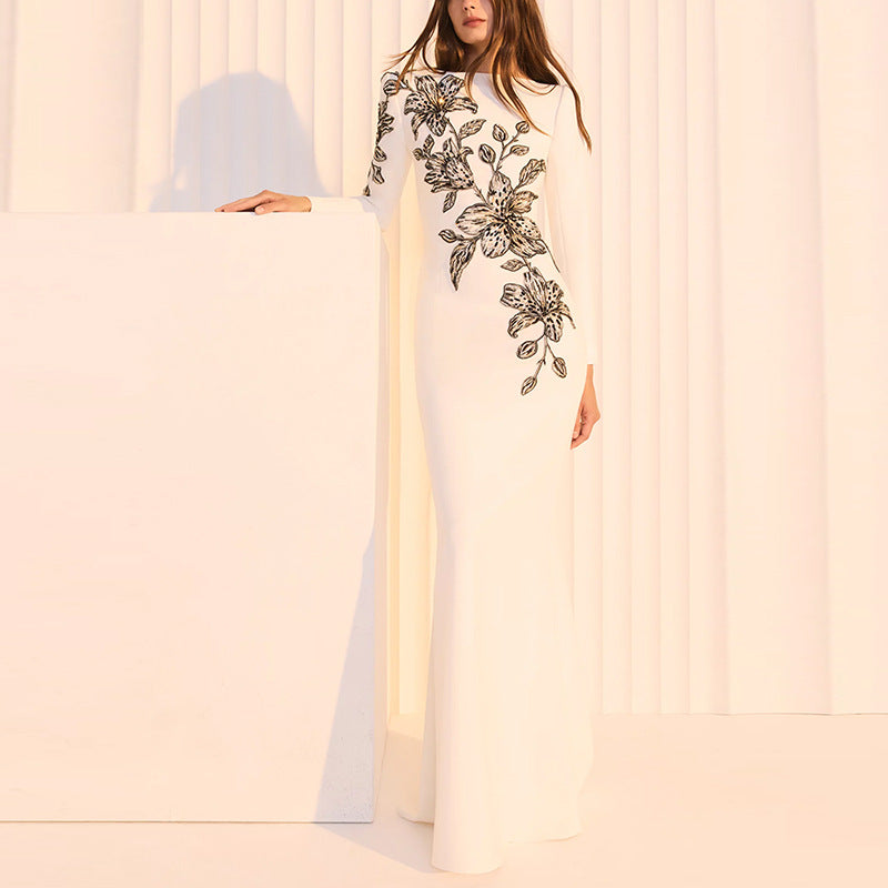 Women's white floral embellished long-sleeve maxi dress