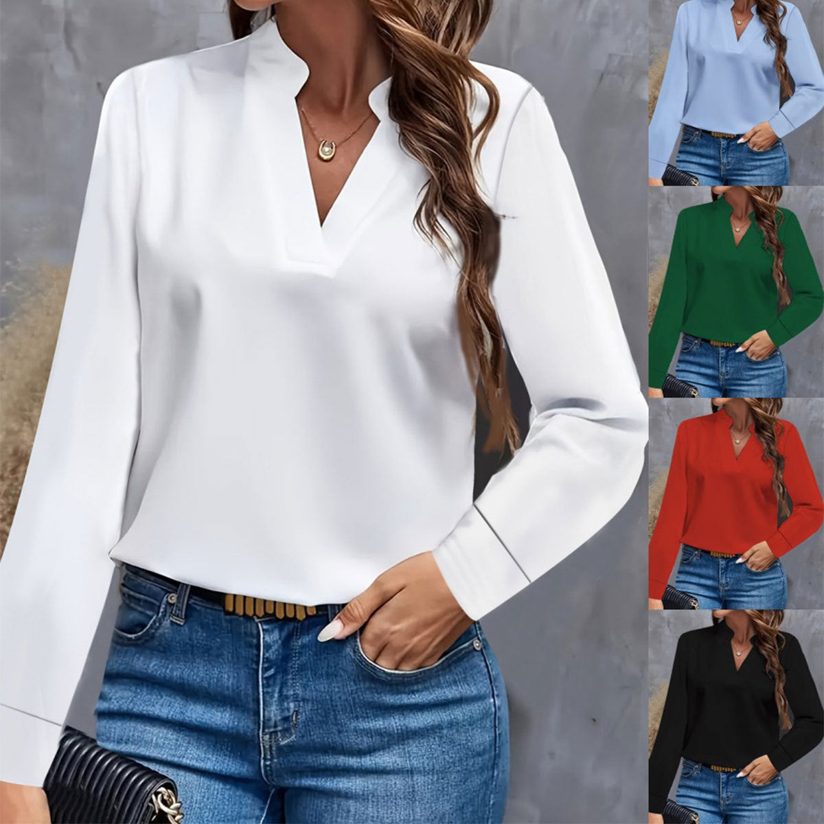 Women's white V-neck long-sleeve blouse