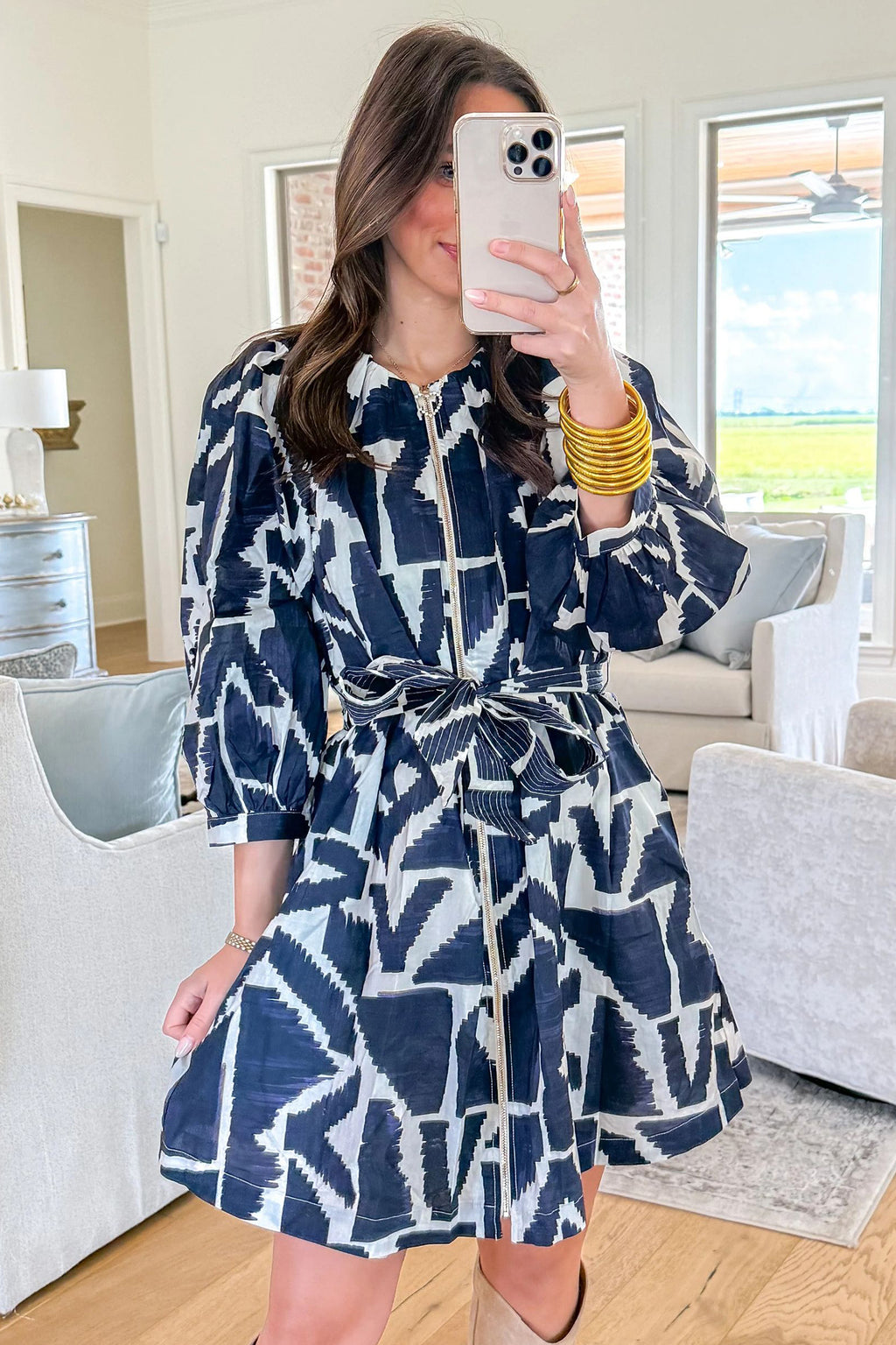 Blue Abstract Geometric Tie-Waist Dress
